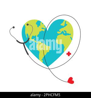 Illustrazione della giornata mondiale della salute con uno stetoscopio e un pianeta terra su sfondo bianco con spazio copia Illustrazione Vettoriale
