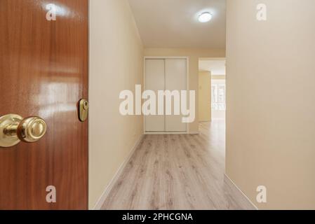 Ingresso di una casa con un lungo corridoio con pareti dipinte di giallo tenue e armadi a muro con porte scorrevoli bianche Foto Stock