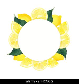 Cornice rotonda disegnata a mano di limone acquerello. Wreath illustrazione acquerello di limone e foglie. Può essere utilizzato come biglietto d'auguri per sfondo, birthda Foto Stock