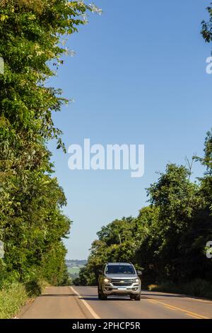 Anicuns, Goias, Brasile – 26 marzo 2023: Un bellissimo tratto alberato dell'autostrada GO-156 nello stato di Goiás. Brasile. Foto Stock