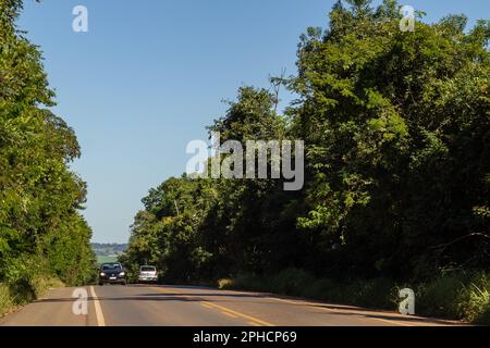 Anicuns, Goias, Brasile – 26 marzo 2023: Un bellissimo tratto alberato dell'autostrada GO-156 nello stato di Goiás. Brasile. Foto Stock