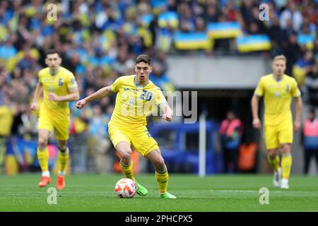 Londra, Regno Unito. 26th Mar, 2023. Georgiy Sudakov dell'Ucraina in azione. Inghilterra contro Ucraina, qualificazione UEFA euro 2024 incontro internazionale di gruppo C al Wembley Stadium di Londra domenica 26th marzo 2023. Solo per uso editoriale. pic di Andrew Orchard/Andrew Orchard sports photography/Alamy Live News Credit: Andrew Orchard sports photography/Alamy Live News Foto Stock