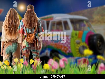 L'estate dell'amore, woodstock generazione, una famiglia hippie Foto Stock