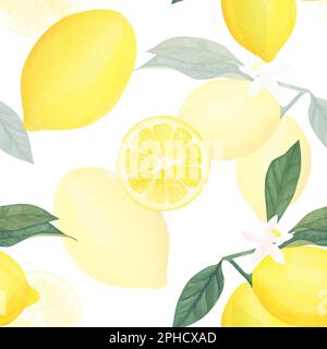 Motivo senza cuciture all'acquerello di limoni gialli. Bella texture disegnata a mano. Sfondo romantico per pagine web, inviti di nozze, tessuti, carta da parati. Foto Stock