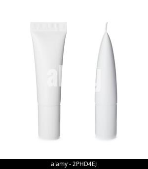 Tubi bianchi di prodotti cosmetici su fondo bianco, collage. Modello per il design Foto Stock