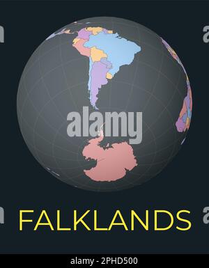 Mappa del mondo incentrata sulle Falkland. Paese evidenziato in rosso. Visione satellitare del mondo incentrata sul paese con il nome. Illustrazione vettoriale. Illustrazione Vettoriale