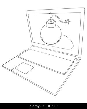 Una linea continua di laptop con laptop con bombardiere. Concetto di vettore di illustrazione a linea sottile. Disegno di contorno idee creative. Illustrazione Vettoriale