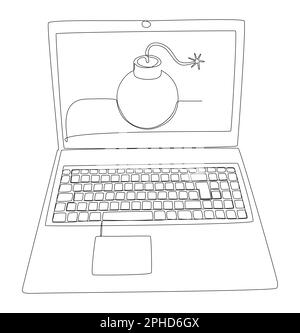 Una linea continua di laptop con laptop con bombardiere. Concetto di vettore di illustrazione a linea sottile. Disegno di contorno idee creative. Illustrazione Vettoriale