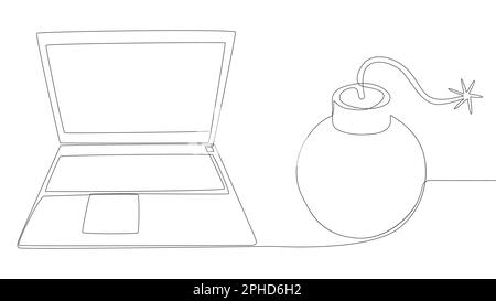 Una linea continua di laptop con laptop con bombardiere. Concetto di vettore di illustrazione a linea sottile. Disegno di contorno idee creative. Illustrazione Vettoriale