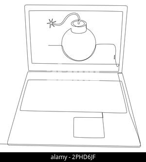 Una linea continua di laptop con laptop con bombardiere. Concetto di vettore di illustrazione a linea sottile. Disegno di contorno idee creative. Illustrazione Vettoriale