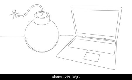 Una linea continua di laptop con laptop con bombardiere. Concetto di vettore di illustrazione a linea sottile. Disegno di contorno idee creative. Illustrazione Vettoriale