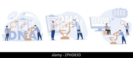 Scienza genetica del DNA. Piccoli scienziati che studiano e testano il DNA in laboratorio. Segno dell'elica del gene grande. Apparecchiatura di laboratorio. impostare piatto vettore moderno illustrat Illustrazione Vettoriale