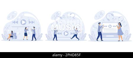 Applicazione lettore multimediale. Elenco di riproduzione musicale. Le persone più piccole ascoltano musica, audio, audio o radio online con l'app per smartphone o il laptop, impostano un'illusionata moderna e piatta Illustrazione Vettoriale