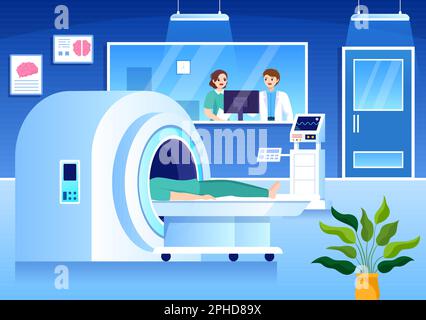 Illustrazione dell'imaging RM o della risonanza magnetica con medico e paziente su esame medico e scansione TC in modelli disegnati a mano su cartoon piano Illustrazione Vettoriale