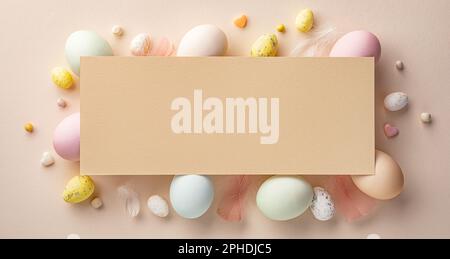 Uova di Pasqua su sfondo beige con uno spazio copia vuoto per Pasqua Foto Stock
