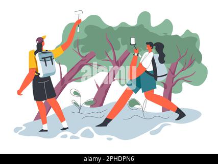 Gli amici camminano o viaggiano nella foresta o nel parco Illustrazione Vettoriale