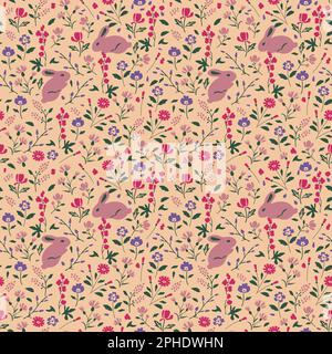 Conigli senza cuciture e fiori modello vettoriale Illustrazione Vettoriale