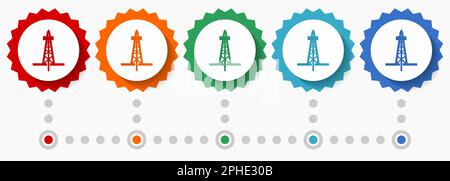 Set di icone vettoriali per la perforazione, modello infografico colorato, set di icone a forma piatta per badge in 5 colori Illustrazione Vettoriale