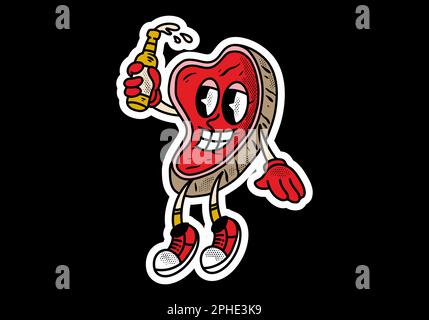 Mascot carattere adesivo disegno di carne che tiene una bottiglia di birra con faccia felice Illustrazione Vettoriale