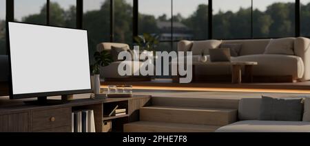 Smart TV schermo bianco mockup su minimo scuro armadio TV in legno duro in accogliente contemporaneo Sunken soggiorno interno design. rappresentazione 3d, illustrazione 3d Foto Stock
