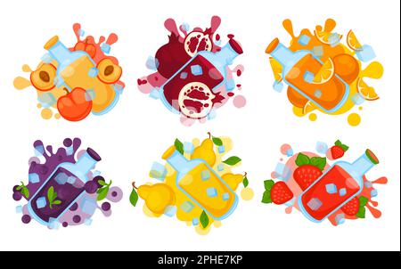 Raccolta di succhi di frutta naturali succosi in bottiglia. Illustrazione Vettoriale