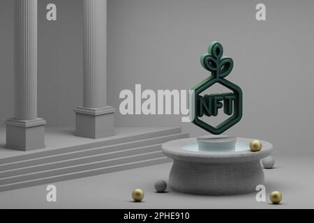 Belle illustrazioni astratte verde NFT simbolo di investimento icona su una fontana e sfondo colonna. illustrazione del rendering 3d. Foto Stock