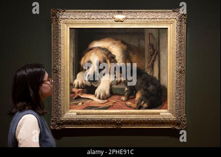 The Wallace Collection, Londra, Regno Unito. 28th Mar, 2023. Fedele e senza volto: Ritratti di cani da Gainsborough alla mostra Hockney (29 marzo-15 ottobre) esplora la nostra devozione agli amici a quattro zampe attraverso i secoli. Nel 59 dipinti accuratamente selezionati, sculture, disegni, opere d'arte e perfino tassidermia, la mostra mette in evidenza il legame unico tra gli esseri umani e i loro compagni canini. Immagine: Edwin Landseer, briciole dubbie, 1858-9. La collezione Wallace. Credit: Malcolm Park/Alamy Live News Foto Stock