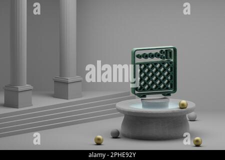 Belle illustrazioni astratte musicali Electric Guitar Amplifier simbolo icona su una fontana e sfondo colonna. illustrazione del rendering 3d. Foto Stock