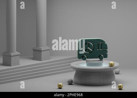 Belle illustrazioni astratte Green Peace car, icona simbolo della pista su una fontana e sfondo colonna. illustrazione del rendering 3d. Foto Stock