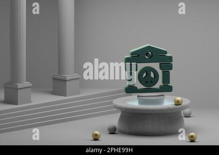 Belle illustrazioni astratte Green Pace simbolo di costruzione icona su una fontana e sfondo colonna. illustrazione del rendering 3d. Foto Stock