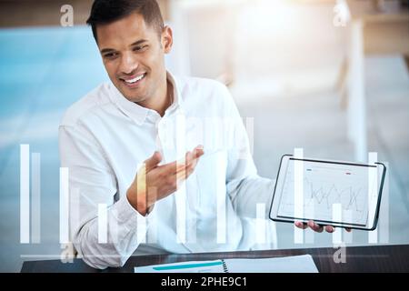 Schermo del tablet, grafici e presentazione dell'uomo per il mercato azionario, analisi dei dati o parlare di crescita dell'azienda. Contabile professionista persona su Foto Stock