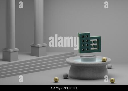 Belle illustrazioni astratte simbolo verde dominio icona su uno sfondo fontana e colonna. illustrazione del rendering 3d. Foto Stock