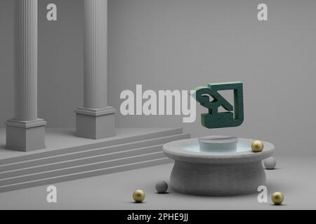 Belle illustrazioni astratte Green History icona simbolo di piuma su una fontana e sfondo colonna. illustrazione del rendering 3d. Foto Stock