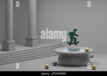 Belle illustrazioni astratte simbolo verde Skateboarding icona su una fontana e sfondo colonna. illustrazione del rendering 3d. Foto Stock