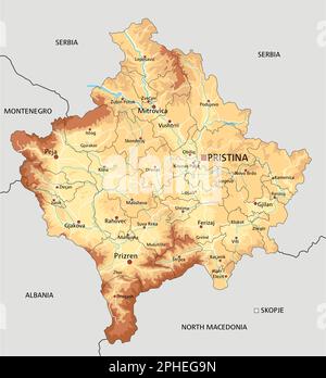 Mappa fisica del Kosovo estremamente dettagliata con etichettatura. Illustrazione Vettoriale