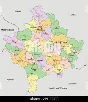 Kosovo - Mappa politica modificabile molto dettagliata con etichettatura. Illustrazione Vettoriale