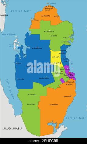 Mappa politica del Qatar colorata con livelli separati e chiaramente etichettati. Illustrazione vettoriale. Illustrazione Vettoriale