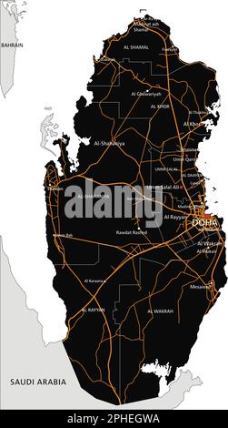 Mappa stradale dettagliata del Qatar con etichettatura. Illustrazione Vettoriale