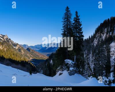 Vista verso Oberammergau e la valle del fiume Ammer. Natur Park Alpi Ammergau (Ammergauer Alpen) nelle Alpi calcaree settentrionali dell'alta Baviera. Foto Stock