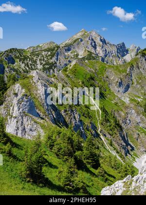 Vista verso il monte Hochplatte , Monte Vorderscheinberg e una dolina chiamata Kessel. Natur Park Alpi Ammergau (Ammergauer Alpen) nel calcare settentrionale A. Foto Stock