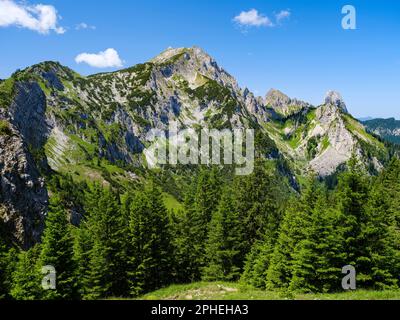 Vista verso il monte Hochplatte e Mt. Geiselstein. Natur Park Alpi Ammergau (Ammergauer Alpen) nelle Alpi calcaree settentrionali dell'alta Baviera. Europa Foto Stock