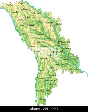 Mappa fisica della Moldova estremamente dettagliata con etichettatura. Illustrazione Vettoriale