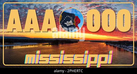 Marcatura delle targhe dei veicoli in Mississippi negli Stati Uniti d'America, targhe dei veicoli. Numeri di patente di guida dei diversi stati americani. Stampa vintage per la grafica, l'adesivo e il poster della maglietta Foto Stock