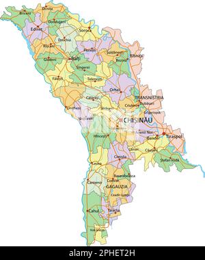 Moldova - Mappa politica modificabile molto dettagliata con etichettatura. Illustrazione Vettoriale