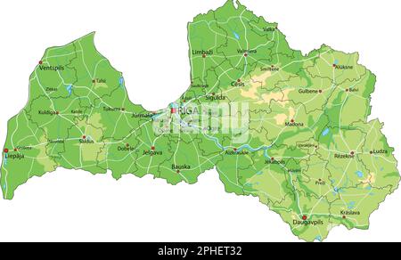 Mappa fisica della Lettonia estremamente dettagliata con etichettatura. Illustrazione Vettoriale