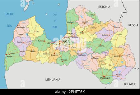 Lettonia - Mappa politica modificabile molto dettagliata con etichettatura. Illustrazione Vettoriale