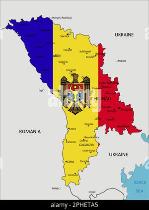 Moldova mappa politica molto dettagliata con bandiera nazionale. Illustrazione Vettoriale