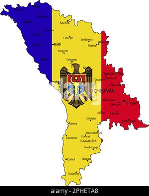 Moldova mappa politica molto dettagliata con bandiera nazionale. Illustrazione Vettoriale