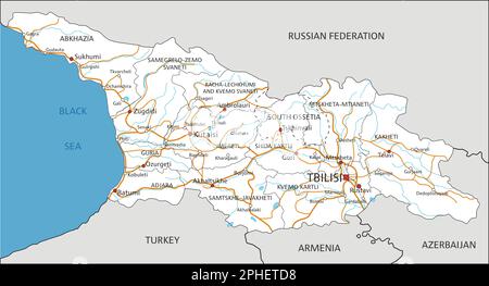 Mappa stradale della Georgia dettagliata e dettagliata con etichettatura. Illustrazione Vettoriale