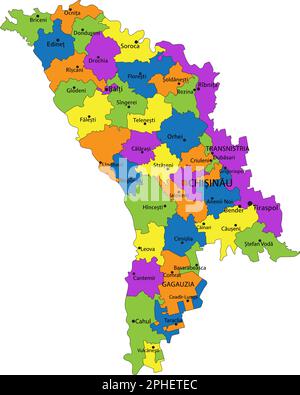 Mappa politica della Moldova colorata con strati separati e chiaramente etichettati. Illustrazione vettoriale. Illustrazione Vettoriale